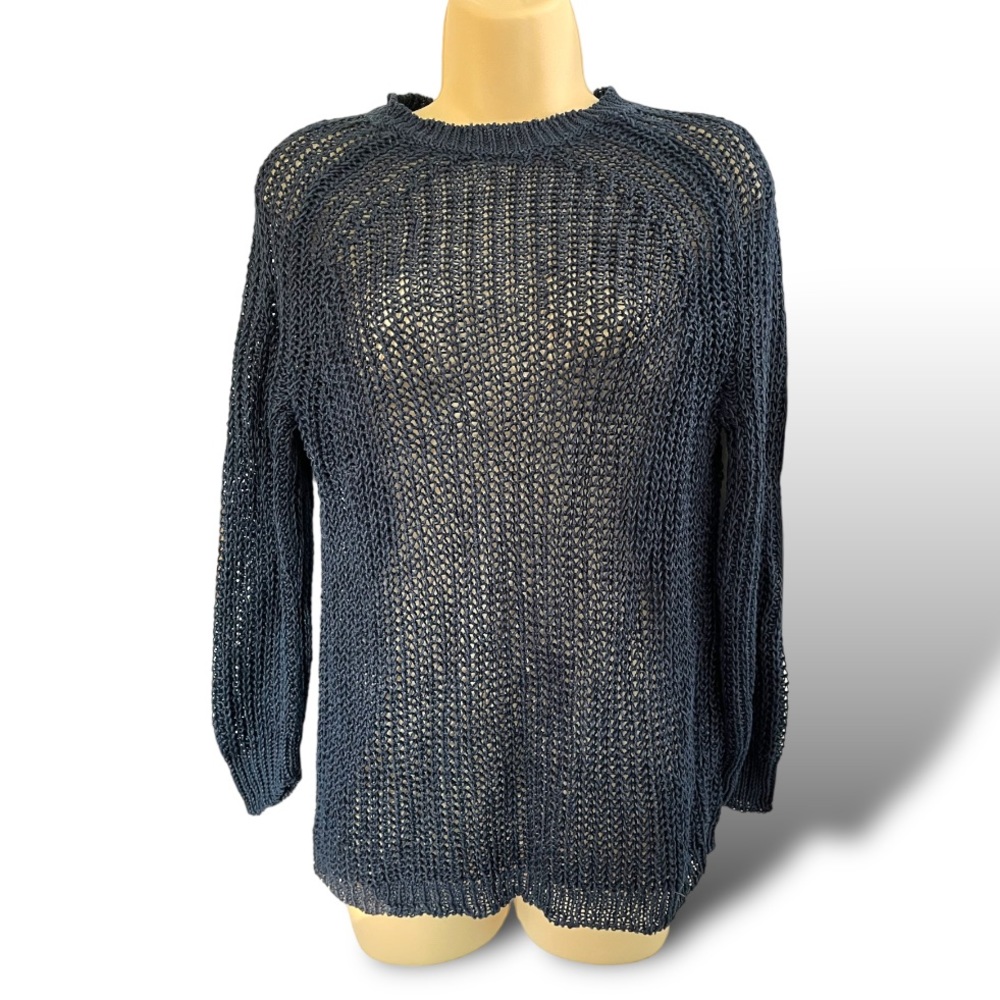 J.Crew Linen Open Knit Crochet Sweater Navy Fishnet Pullover Women's XS
